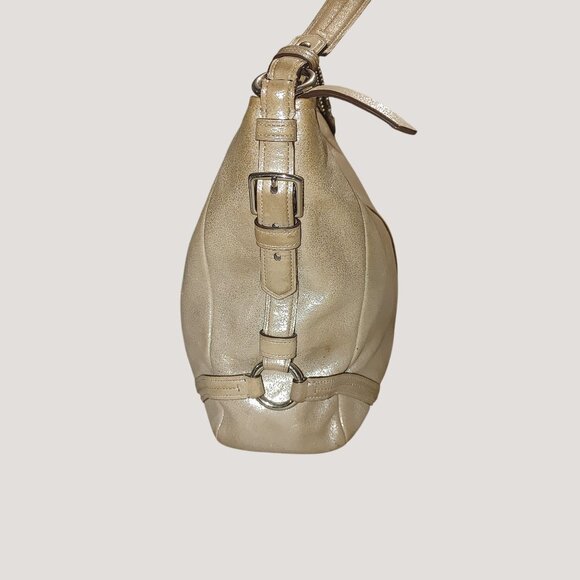 Coach Metallic Gold Leather Tote Bag Adjustable Strap Light Blue Interior - Picture 3 of 13